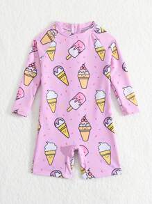 寶寶女孩冰淇淋印花後拉鍊一件式泳衣 - 粉色 - 查看 5