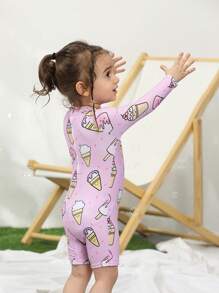 寶寶女孩冰淇淋印花後拉鍊一件式泳衣 - 粉色 - 查看 7