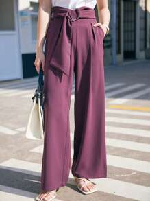 DAZY Solid Belted Wide Leg Trousers - Violet Purple - View 4