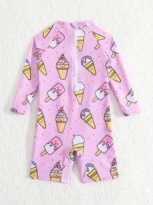 寶寶女孩冰淇淋印花後拉鍊一件式泳衣 - 粉色 - 查看 8