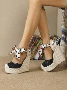 女性波點圖案蝴蝶結裝飾編織踝帶坡跟度假坡跟鞋 - 黑色 - 查看 2