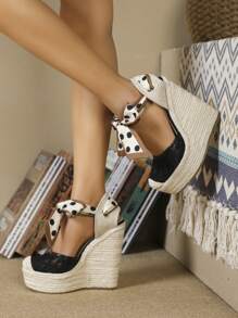 女性波點圖案蝴蝶結裝飾編織踝帶坡跟度假坡跟鞋 - 黑色 - 查看 3