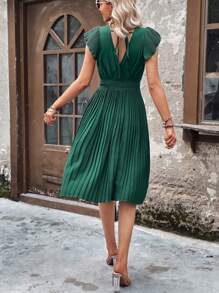 SHEIN LUNE 素色荷葉邊百褶下擺連衣裙 - 墨綠色 - 查看 2