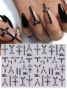 簡約時尚美甲貼紙，2入組黑色線條藝術DIY 5D浮雕美甲貼紙裝飾指甲 - 黑色 - 查看 1