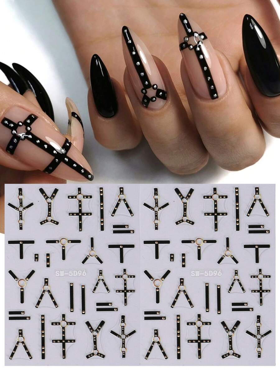 簡約時尚美甲貼紙，2入組黑色線條藝術DIY 5D浮雕美甲貼紙裝飾指甲 - 黑色 - 查看 1