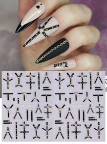 簡約時尚美甲貼紙，2入組黑色線條藝術DIY 5D浮雕美甲貼紙裝飾指甲 - 黑色 - 查看 2