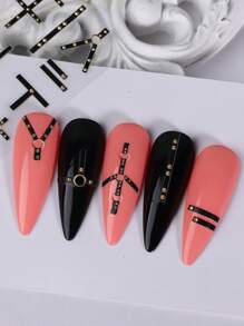 簡約時尚美甲貼紙，2入組黑色線條藝術DIY 5D浮雕美甲貼紙裝飾指甲 - 黑色 - 查看 3