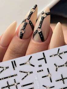 簡約時尚美甲貼紙，2入組黑色線條藝術DIY 5D浮雕美甲貼紙裝飾指甲 - 黑色 - 查看 4