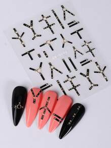 簡約時尚美甲貼紙，2入組黑色線條藝術DIY 5D浮雕美甲貼紙裝飾指甲 - 黑色 - 查看 5