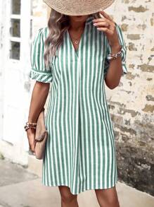 SHEIN LUNE 條紋印花泡泡袖直筒連衣裙 - 綠色 - 查看 1