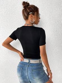 Áo thun nữ Pha lê kim cương Lá thư Giải trí - màu đen - Xem 2