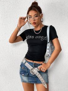 Áo thun nữ Pha lê kim cương Lá thư Giải trí - màu đen - Xem 6