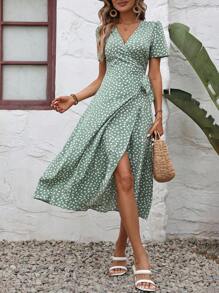 SHEIN VCAY 滿版印花側打結圍裹式連衣裙 - 薄荷綠 - 查看 1