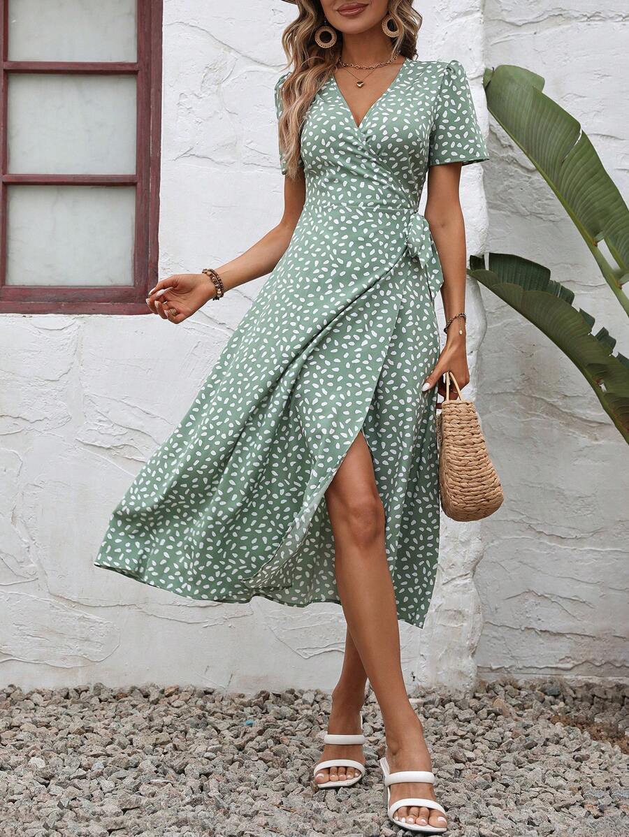 SHEIN VCAY 滿版印花側打結圍裹式連衣裙 - 薄荷綠 - 查看 1