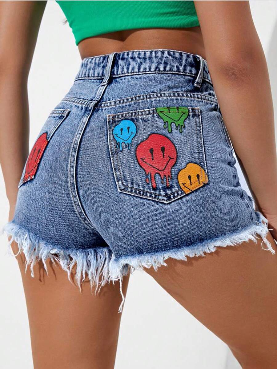 Cartoon Face Print Raw Hem Denim Shorts - Medium Wash - View 1
