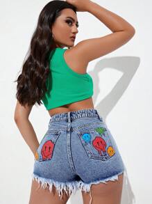 Cartoon Face Print Raw Hem Denim Shorts - Medium Wash - View 2
