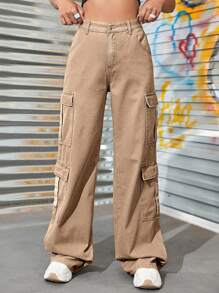 側翻蓋口袋工裝牛仔褲