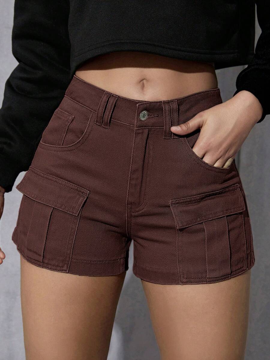 Quần short denim nữ Nút Túi Dây kéo màu trơn - Màu nâu Sô-cô-la - Xem 1