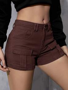 Quần short denim nữ Nút Túi Dây kéo màu trơn - Màu nâu Sô-cô-la - Xem 4