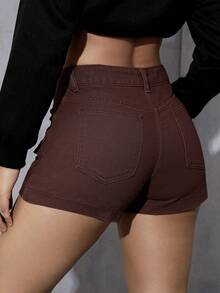 Quần short denim nữ Nút Túi Dây kéo màu trơn - Màu nâu Sô-cô-la - Xem 3