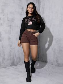 Quần short denim nữ Nút Túi Dây kéo màu trơn - Màu nâu Sô-cô-la - Xem 5