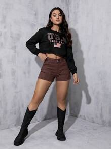 Quần short denim nữ Nút Túi Dây kéo màu trơn - Màu nâu Sô-cô-la - Xem 2