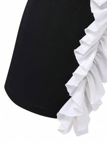 Chicas 1 pieza Vestido de tirantes ribete con fruncido aplique - Blanco y Negro - Ver 3