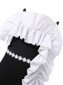 Chicas 1 pieza Vestido de tirantes ribete con fruncido aplique - Blanco y Negro - Ver 4