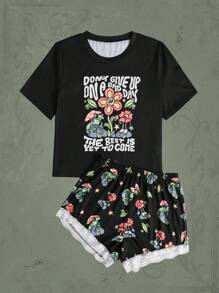 Atosha Slogan Floral Graphic Contrast Lace Lounge Set - Black - View 1