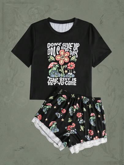 Atosha Slogan Floral Graphic Contrast Lace Lounge Set