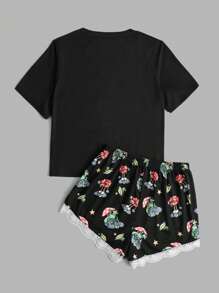 Atosha Slogan Floral Graphic Contrast Lace Lounge Set - Black - View 2
