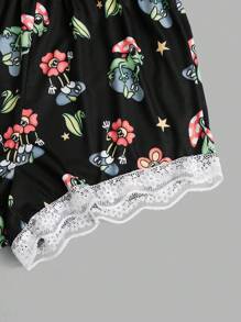Atosha Slogan Floral Graphic Contrast Lace Lounge Set - Black - View 3
