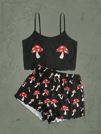 JOYFULSMOLTHINGS Mushroom Print Lettuce Trim Lounge Set