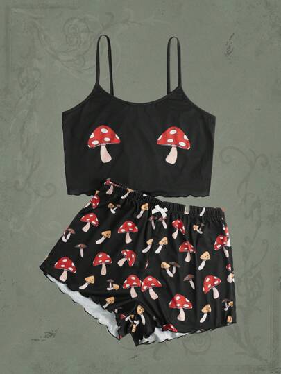 JOYFULSMOLTHINGS Mushroom Print Lettuce Trim Lounge Set