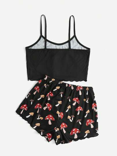 JOYFULSMOLTHINGS Mushroom Print Lettuce Trim Lounge Set
