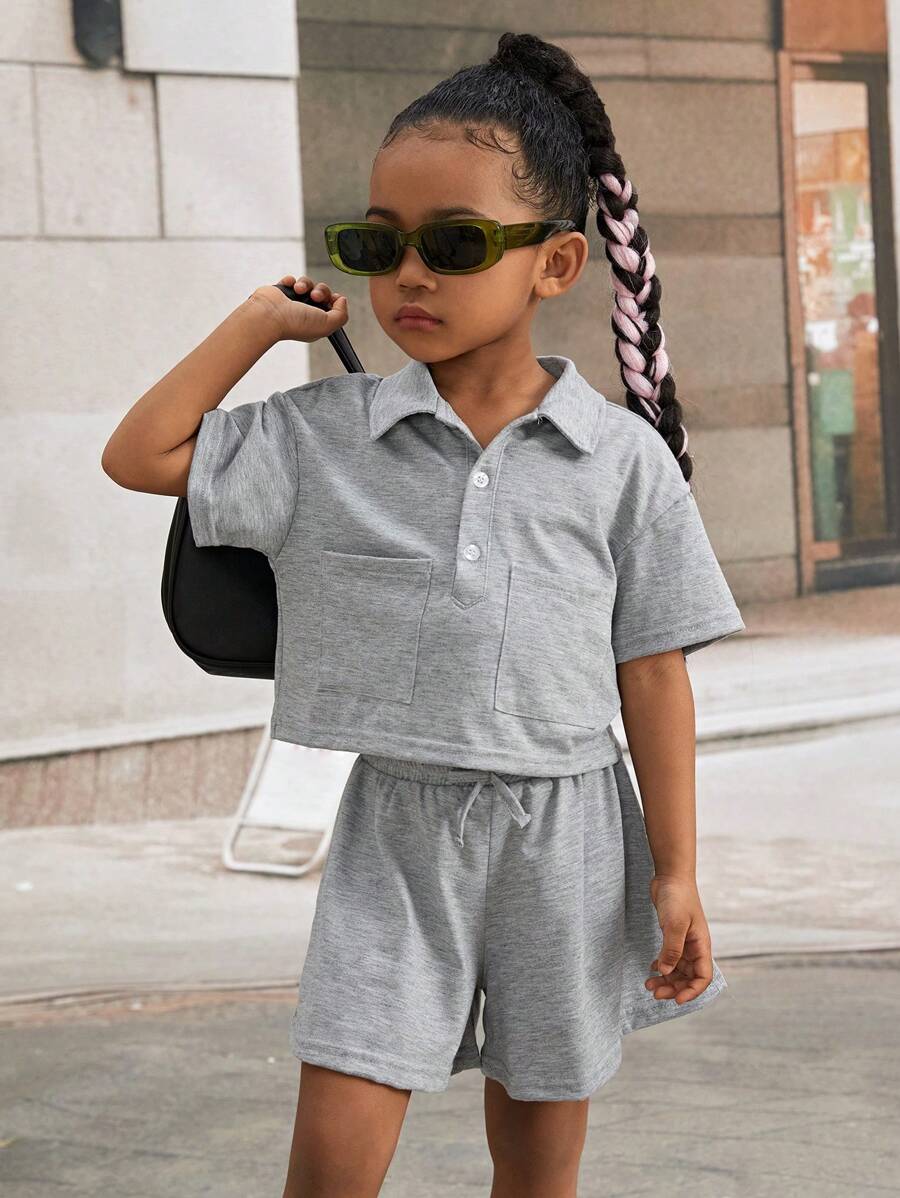SHEIN Bộ thời trang bé gái Thắt nút Túi Nút phía trước màu trơn Giải trí - Xám - Xem 1