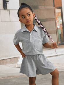 SHEIN Bộ thời trang bé gái Thắt nút Túi Nút phía trước màu trơn Giải trí - Xám - Xem 4