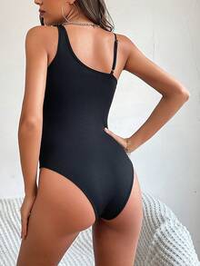 Asymmetrical Neck Mesh Insert Bodysuit - Black - View 2