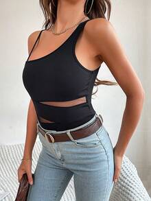 Asymmetrical Neck Mesh Insert Bodysuit - Black - View 3