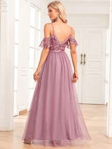 Cold Shoulder Contrast Sequin Mesh Bridesmaid Dress - Dusty Pink - View 2