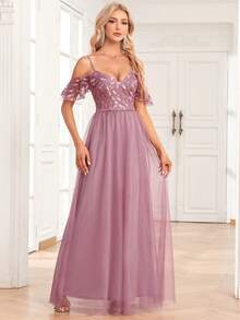 Cold Shoulder Contrast Sequin Mesh Bridesmaid Dress - Dusty Pink - View 4