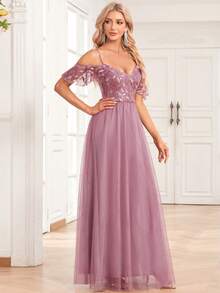 Cold Shoulder Contrast Sequin Mesh Bridesmaid Dress - Dusty Pink - View 5