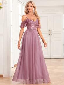 Cold Shoulder Contrast Sequin Mesh Bridesmaid Dress - Dusty Pink - View 6