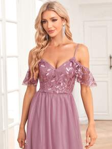 Cold Shoulder Contrast Sequin Mesh Bridesmaid Dress - Dusty Pink - View 7