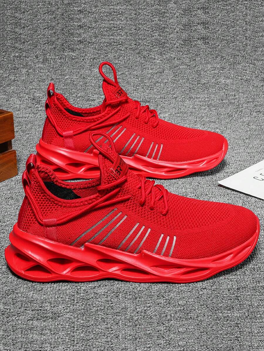男士字母圖案前繫帶跑步鞋,運動鞋 - 紅色 - 查看 1