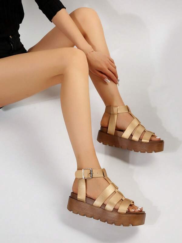Women Buckle Decor Wedge Sandals, Glamorous Summer Gladiator Sandals