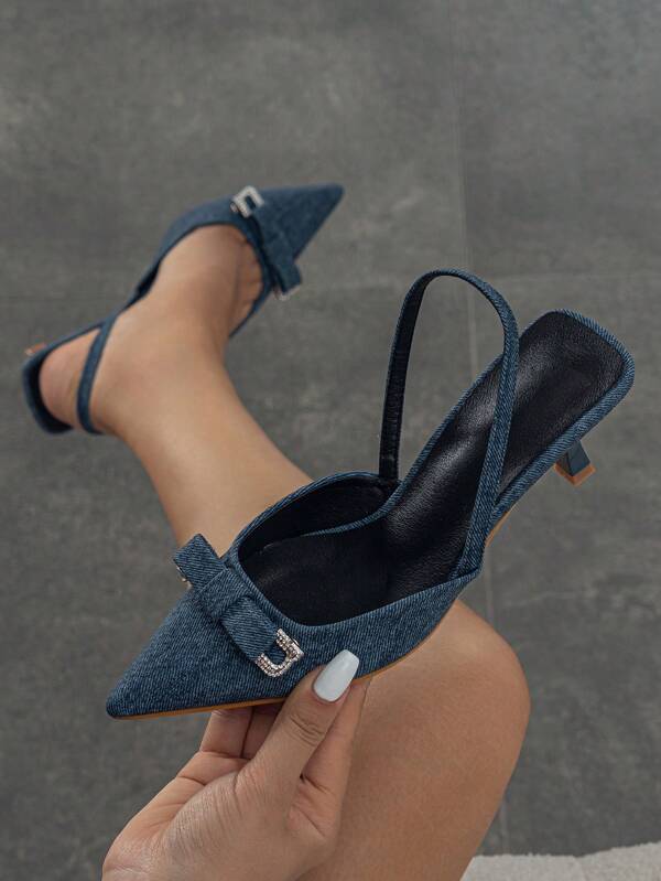 Femme Escarpins à bride arrière à strass & à nœud papillon à bout pointu à talons pyramidaux à la mode bleu pour extérieur