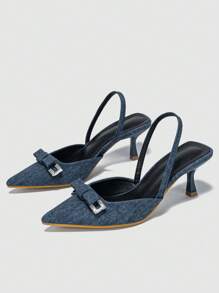 Women Rhinestone & Bow Decor Point Toe Pyramid Heeled Pumps, Fashionable Blue Slingback Pumps For Outdoor