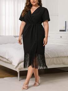 SHEIN Clasi Đầm Plus Size mép Trọn gói màu trơn Giải trí - màu đen - Xem 1