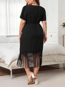 SHEIN Clasi Đầm Plus Size mép Trọn gói màu trơn Giải trí - màu đen - Xem 2